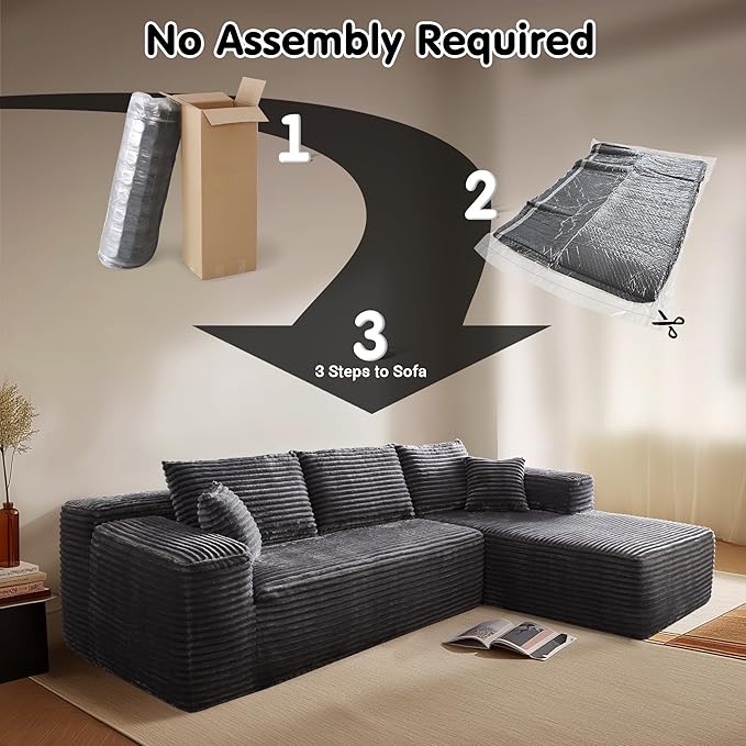 ovios 104" Cloud Boneless Couch with L-Shape Chaise,Modern Sectional Modular Sofa with Deep Seat, Upholstered Couches for Living Room Bedroom,No Assembly Required, Grey (Plush Corduroy Fabric)