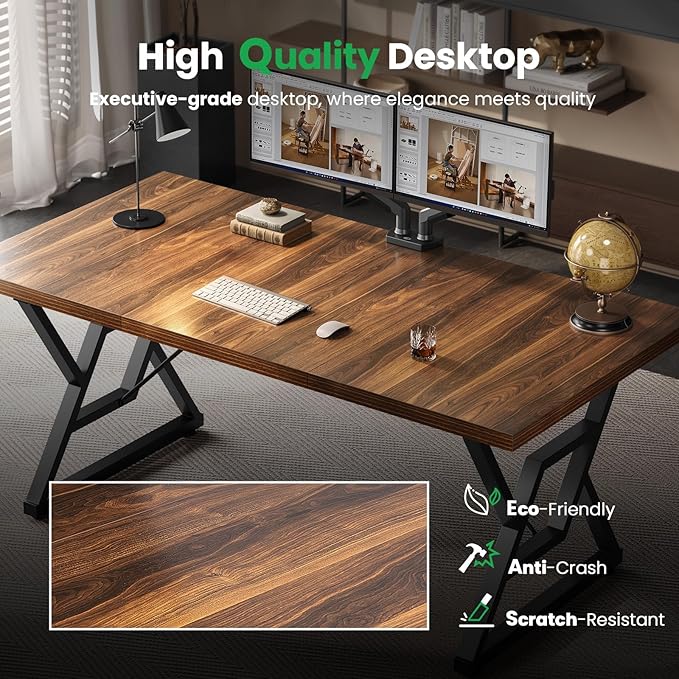 OHOHOLIVE 70.8" Large Executive Desk - Computer Office Desk Workstation, Modern Business Writing Table with Sturdy Metal Legs for Home Office (Wood Color, 71 Inch)
