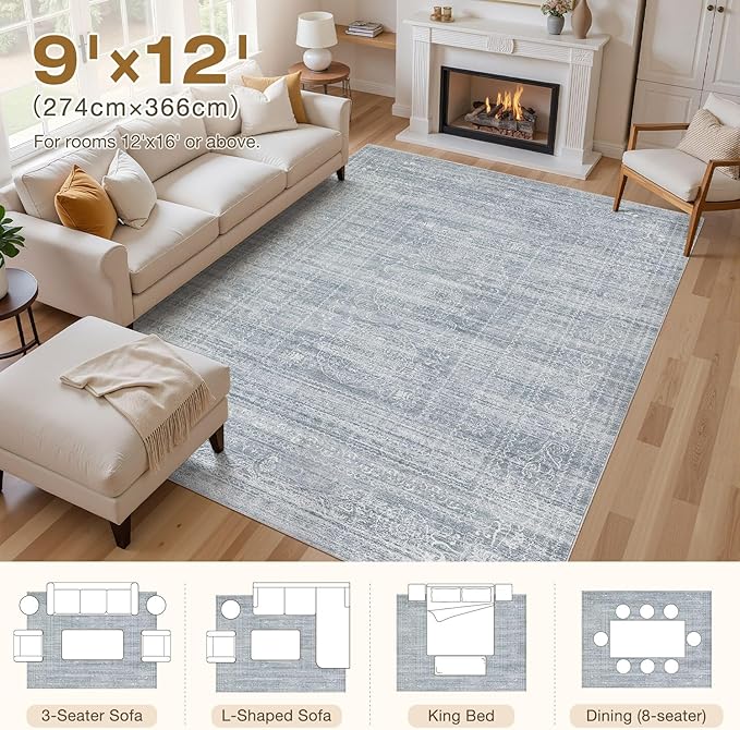 Nakagishi Area Rugs 9x12 Living Room: Washable Large Vintage Blue Rug Neutral Non-Slip Soft Stain Resistant Indoor Carpet for Bedroom Nursery Dining Room Under Table Bed Home House Office Playroom