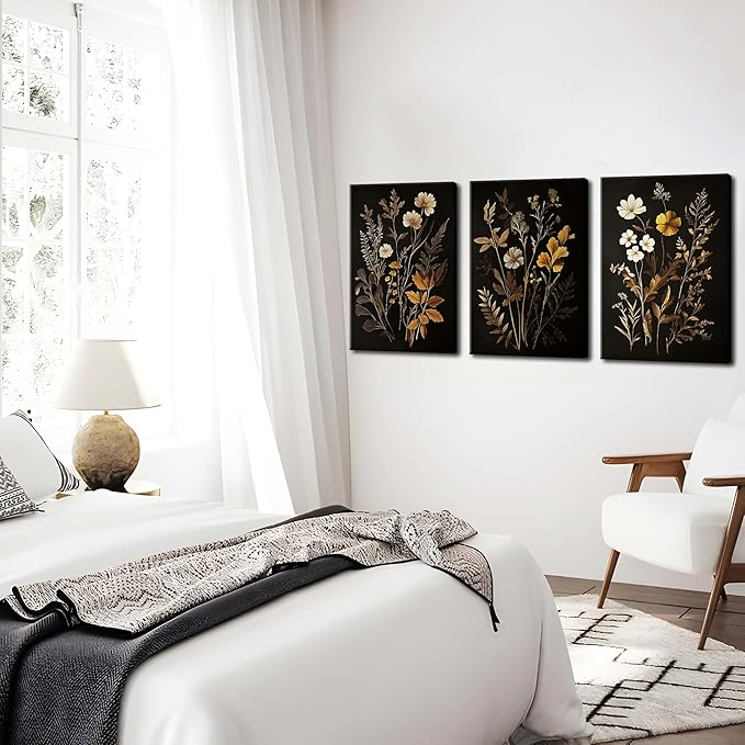 Vintage Black Flower Wall Art Decor Set of 3, Beautiful Wildflower Botanical Canvas Prints, Dark Academia Fall Floral Poster Painting Picture for Bedroom Living Room 12x16 Inch Framed