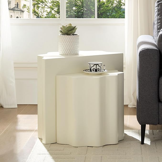 WILLIAMSPACE Nesting Coffee Table Set of 2 for Living Room, Modern Circle Center Table with Wavy Edges Design, Accent End Side Table for Small Space, No Need Assembly (Fiberglass, 22.05"+16.93")