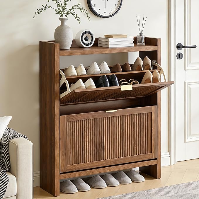 Fluted Shoe Storage Cabinet with 2 Flip Door for Entryway, Modern Freestanding Narrow Wood Shoe Rack Cabinet for Foyer, Front Door, Hallway