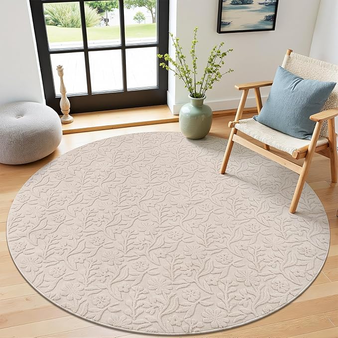 Vaukki Round Rug for Living Room, Soft Fluffy Washable Modern Floral Indoor Floor Mat, Non Slip Shaggy Boho Accent Throw Carpet for Bedroom, Living Room, Nursery and Dining Room, Beige, Round-6Ft