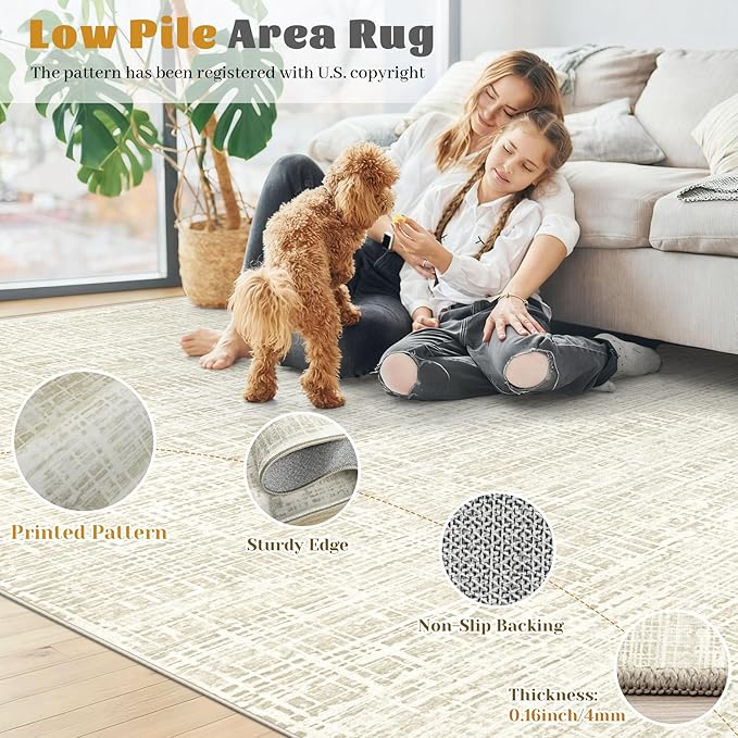 6x9 Area Rugs Washable Rug, Abstract Living Room Rug Large Neutral Modern Area Rug Soft Non Slip Low Pile Stain Resistant Indoor Carpet for Bedroom Nursery Kids Dining Room Office(Beige, 6'x9')