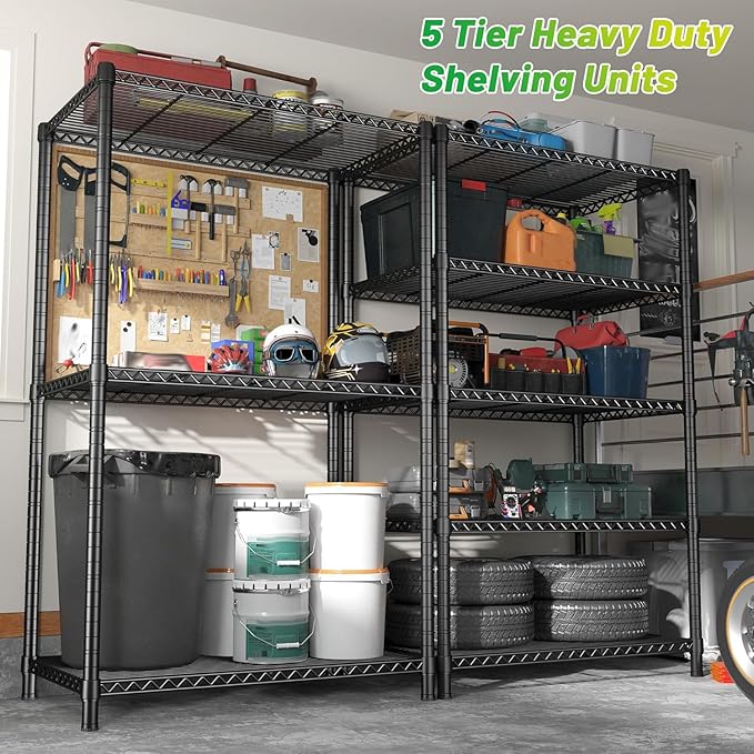 REIBII 72''H Metal shelving 5 Tire Storage Shelves for Garage Shelving Adjustable Wire Shelving Rack Heavy Duty Shelving Unit for Garage, Kitchen, Pantry, Laundry Room, Commercial, 72''H X36''W X14''D
