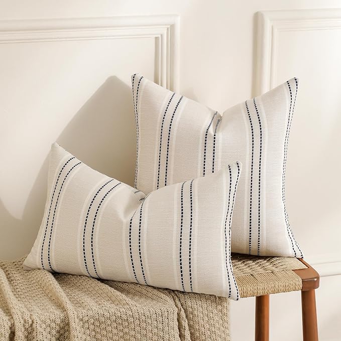 Hckot Decorative Navy Pillow Covers 18x18 Striped Throw Pillows Textured Linen Pillow Covers Farmhouse Decor Cushion Covers for Couch Bed Living Room, Navy