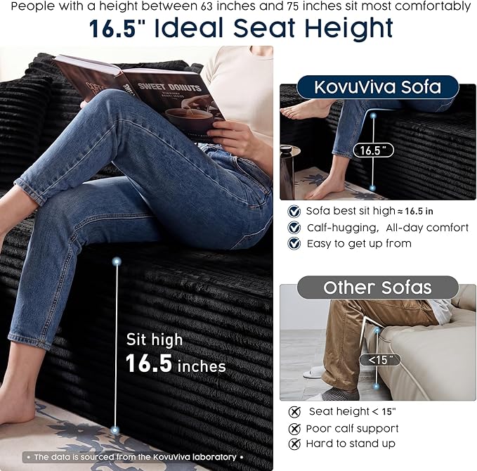 Black Sectional Couch for Living Room - 108" Modular Cloud Sofa with Chaise, Ultra Soft Corduroy L-Shaped Large Couches, Boneless Deep Seat Sectional Couch, No Assembly Required (Right Facing Chaise)