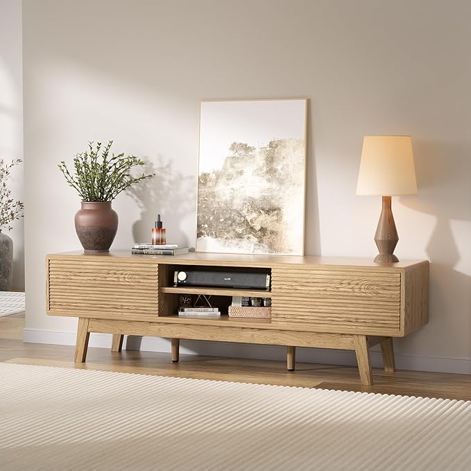 MU 59 Inch TV Stand for TVs up to 65 Inch, Mid Century Modern TV Console with Fluted Sliding Doors & Shelves, Low Profile Entertainment Center for Bedroom, Living Room (Oak, 59")