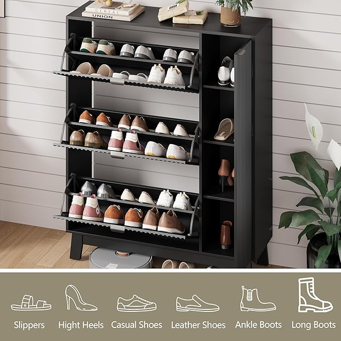 Shoe Cabinet Storage for Entryway with 3 Flip Drawers & Side Cabinet, Fluted Narrow Shoe Organizer with Wooden Leg, Freestanding Shoe Storage Hidden Shoe Rack Organizer for Front Door Entrance, Black