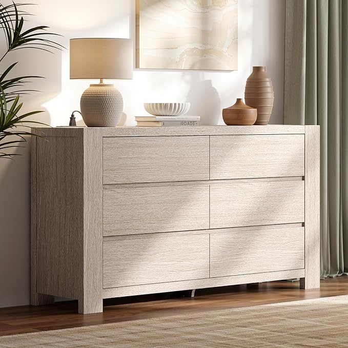 ModernMate 6 Drawer Dresser for Bedroom, 55'' Modern White Oak Chest of Drawers with Charging Station, Wood Bedroom Dresser with Large Storage for Living Room, Entryway, Nursery, Anti-Tipping, Natural
