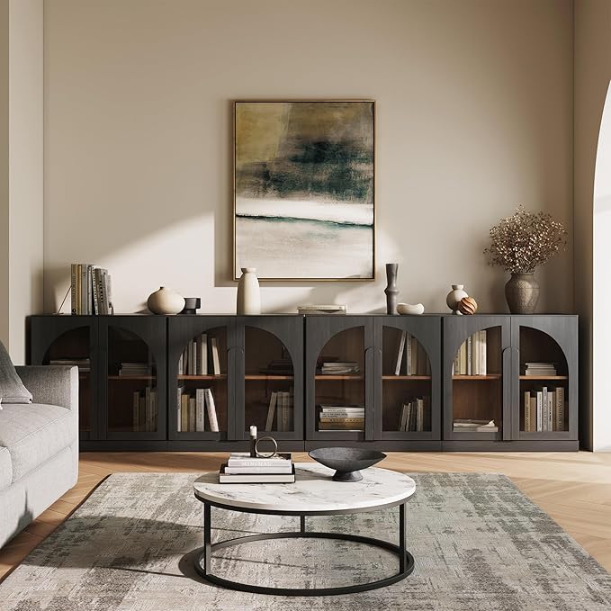 BELLEZE 4-Piece Modular TV Stand Set,Modern Entertainment Center with Arched Glass Door,Sideboards with Adjustable Shelves & Wide Wooden Handle,Classic Media Console Cabinet for Living Room(Ebony)