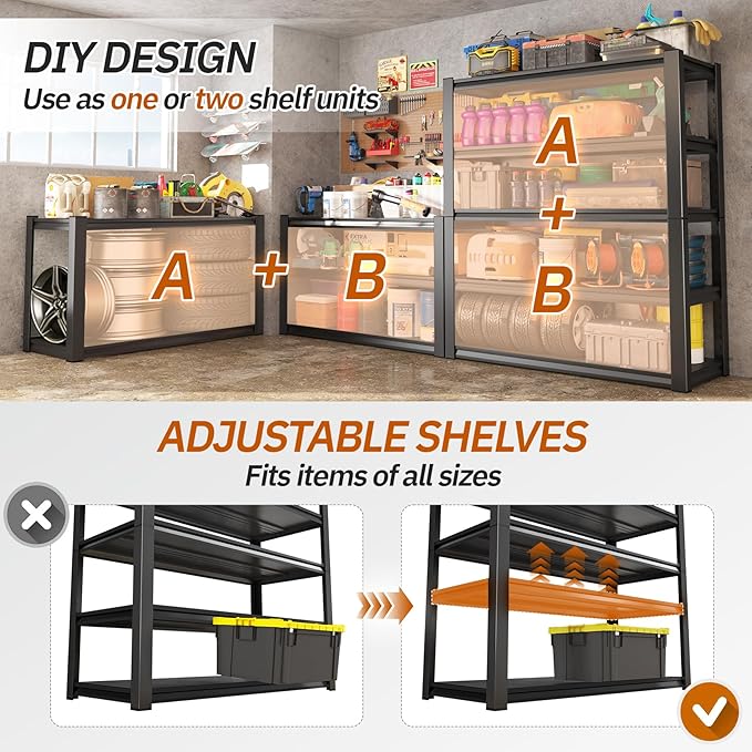 2000lbs Heavy Duty Garage Shelving, 5-Tier Adjustable Storage Shelves, 72" H x46 W x 19.6" D, Utility Metal shelvingfor Warehouse, Basement, Garage