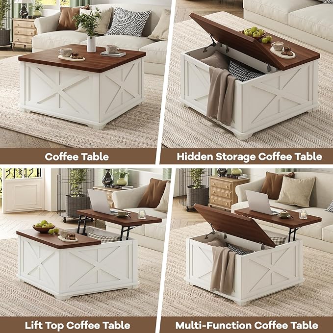 Square Coffee Table with Storage, Farmhouse Coffee Table with Lift Top, Wooden Coffee Tables with Brown Flip-Top Lids, Modern Center Table for Living Room Home Office, 31.5", White