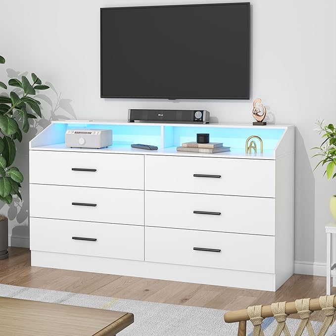 Gyfimoie 6 Drawer Dresser with Power Outlet, Chest of Drawers with LED Light, Modern Dresser with Open Storage Cubby, Double Wide Dressers Organizer for Bedroom, Living Room, Entryway, Hallway