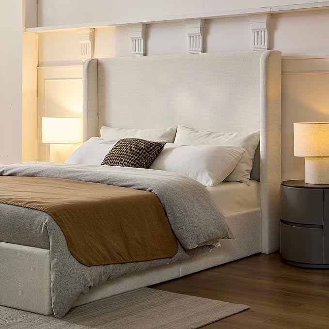 Full Size Upholstered Platform Bed Frame, 53.5" High Headboard Carmen Wingback Beds, Tall Headboard King Floor Bed Frames, No Box Spring Needed No Noise, Minimalist, Textured Ivory