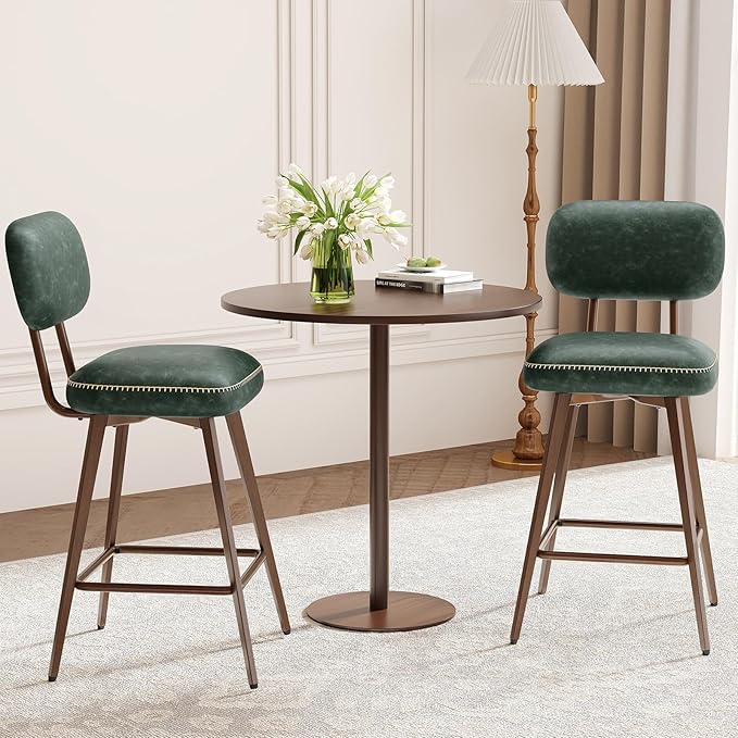 MALOL 26“ Swivel Bar Stools Set of 6, Mid Century PU Leather Counter Height Bar Chairs with Low Back and Metal Legs, Modern Bar Stool Chair for Kitchen Island, Green