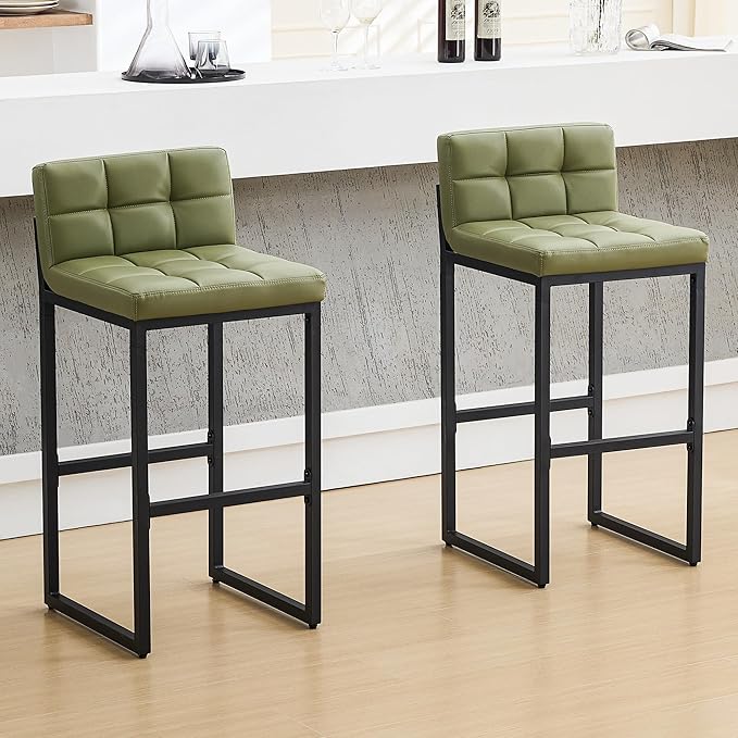 FIRAVOE Set of 2 Bar Stools, Modern Counter Stool, Upholstered Faux Leather Barstools with Back, Comfortable 30-inch Seat Height Island Chairs for Kitchen Island (Avocado Green, 2Pcs 30" Bar Stools)