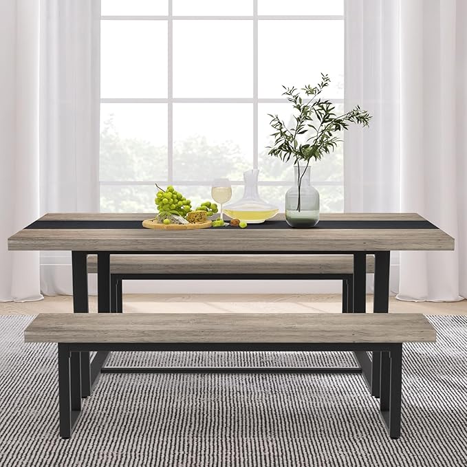 STHOUYN 59” Dining Bench Pair of 2 for 6-8 Person, Farmhouse Indoor Kitchen Table Benches, Bed Bench, Industrial Shoe Bench (Grey 2pcs)