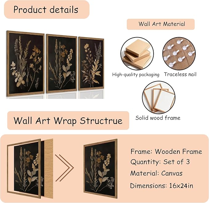 Yudinbin Vintage Dark Botanical Canvas Wall Art Set of 3 Moody Floral Prints with Wood Frame Dark Plant Academia Aesthetic Gallery Painting Wall Decor for Living Room Bedroom or Office 16x24 Inch