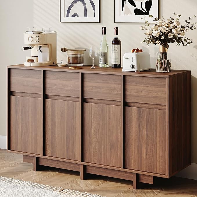 CHUWELL 55" Sideboard Buffet Cabinet,Walnut Coffee Bar Cabinet with 4 Sliding Doors and 4 Drawers,Minimalist Linear Design & Handleless Design Sideboard for Living Room