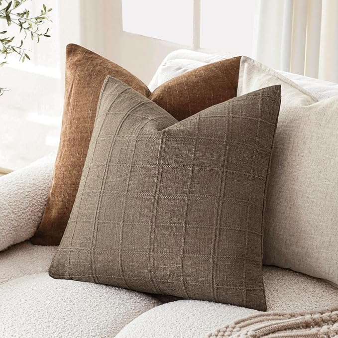 Foindtower Set of 2 Decorative Linen Check Throw Pillow Covers Neutral Farmhouse Vintage Cushion Covers Modern Boho Home Decor for Sofa Chair Couch Bedroom Living Room,18×18 Inch,Light Brown