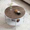 VINGLI 25.6" Dark Walnut White Round Farmhouse Coffee Table, 2-Tier Storage Wood Center Circle Accent Table for Living Room, Bedroom, Apartment, Studio and Small Spaces, Sturdy Metal Frame