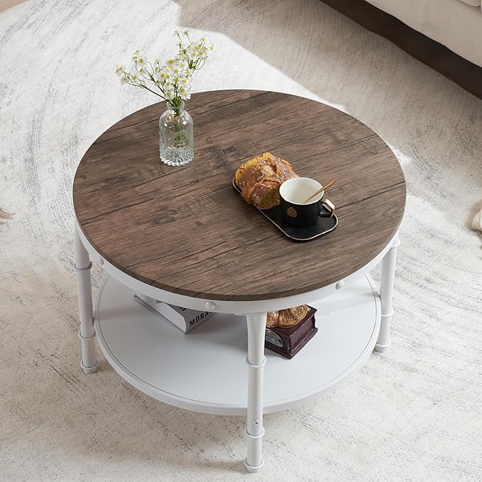 VINGLI 25.6" Dark Walnut White Round Farmhouse Coffee Table, 2-Tier Storage Wood Center Circle Accent Table for Living Room, Bedroom, Apartment, Studio and Small Spaces, Sturdy Metal Frame