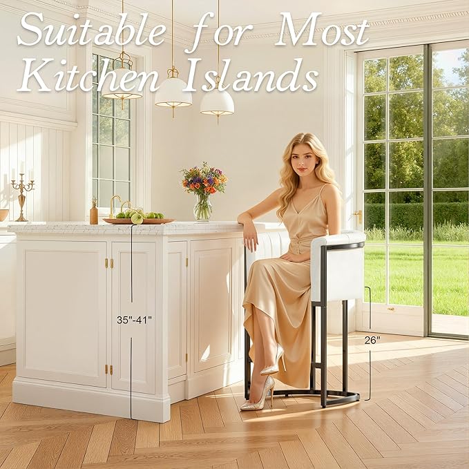 Modern Counter Height Bar Stools,Bar Stools Set of 4,PU Leather Upholstered Barrel Barstools with Backs and Arms,26'' Kitchen Island Chairs,Metal Black Frames,Beige White