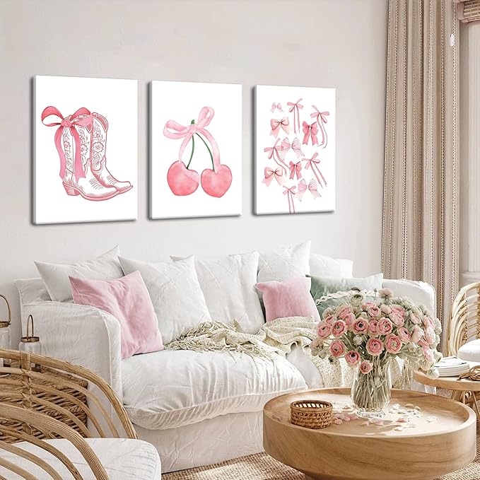 Fashion Pink Bows Wall Art Set of 3, Preppy Watercolor Cherry Cowboy Boots Wall Decor Posters, Cute Aesthetic Room Decor Canvas Prints Picture for College Girl Apartment Bedroom 16x24 Inch Framed