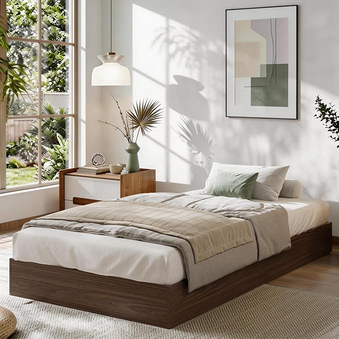 Twin Size Solid Wood Platform Bed with Sturdy Wooden Slats, Floor-Standing Bed Frame, Modern Minimalist Design Space-Saving Bed Frame, No Box Spring Needed, Space Saver, Easy Assembly, Walnut Wood