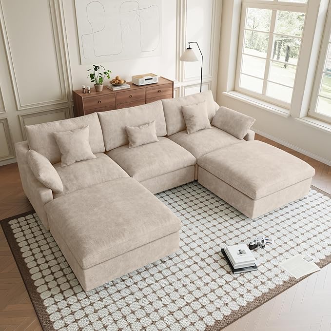 119" U Shape Cloud Modular Couches for Living Room, Modern Sectional Sofa with Chaise Ottomans, Deep Seat Couch Cushion Covers Washable&Removable, Sectional Sofas for Home Office Apartment (Khaki)
