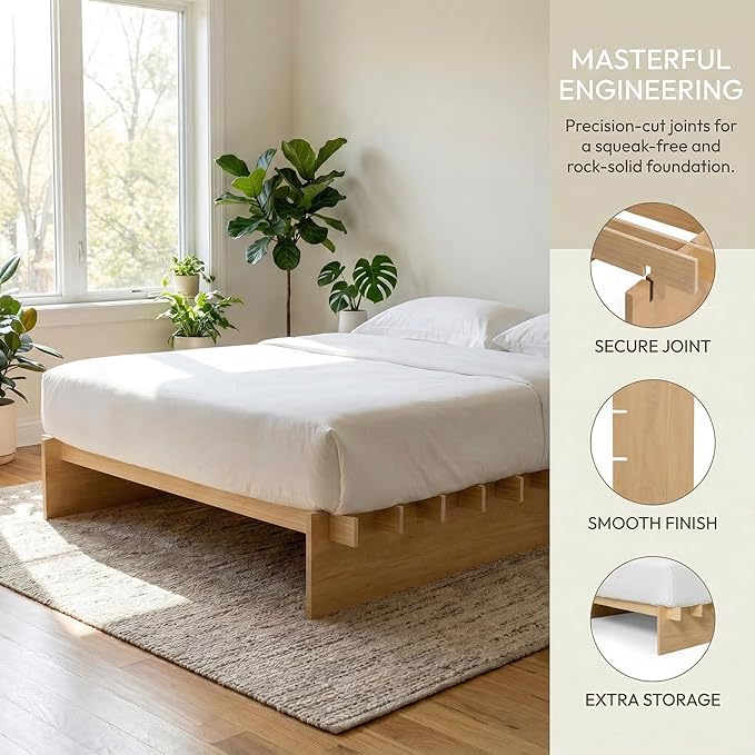 XIAO WEI King Wood Platform Bed Frame, King Size Bed Frame with Wood Slat Support, Japanese Joinery with 8" Under-Bed Storage, No-Tool Assembly, No Box Spring Needed, Noise Free, Natural