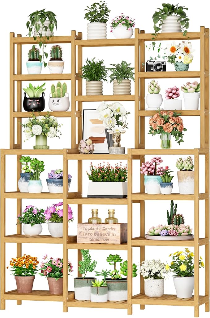 FOTOSOK Bamboo Shelf, 7 Tier Plant Stand Indoor, 3 Row Ladder Shelf, Bookshelf and Bookcase, Plant Shelves with Adjustable, Corner Display Stands, Flower Stand for Living Room Balcony Kitchen Natural