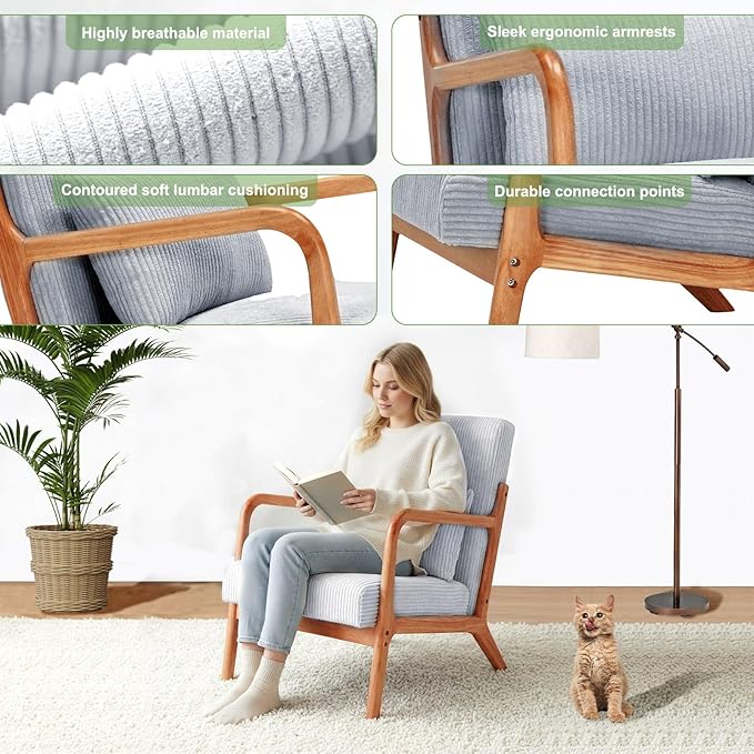 Set of 2 Mid Century Modern Accent Chair with Solid Rubberwood Frame, Comfy Corduroy Reading Armchair with Lumbar Pillow, Compact Lounge Chair for Bedroom, Nursery & Small Spaces, Light Grey
