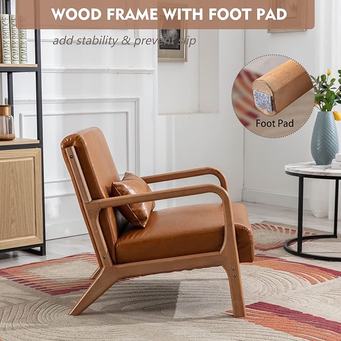 ANJ Mid Century Modern Accent Chair, PU Leather Reading Chair with Solid Wood Frame, Easy Assembly Armchair for Living Room