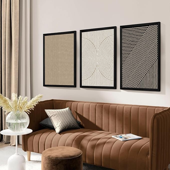 Boho Modern Wall Art Pictures Neutral Abstract Canvas Wall Decor Minimalist Line Wall Art Beige Brown Black Poster Mid Century Painting Artwork for Living Room Bedroom 12x16x3 Inch Wood Framed