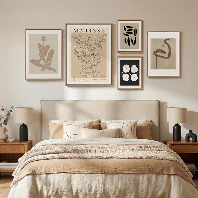 Large Framed Matisse Abstract Wall Art Set of 5, Neutral Beige Modern Minimalist Geometric and Botanical Canvas Prints for Living Room Bedroom Hallway Home Office