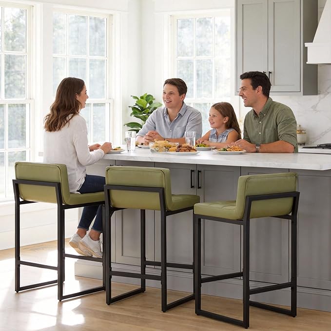 FIRAVOE Bar Stools Set of 3, Upholstered PU Leather Counter Height Barstools with Low Back and Thickened Metal Legs, Modern Counter Stools for Kitchen Island (Avocado Green, 3Pcs 26" Counter Stools)