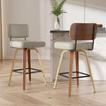Swivel Bar Stools Set of 2, 26" Upholstered Faux Leather Counter Height Barstools with Walnut Back & Bentwood Legs, Mid Century Modern Bar Chairs Island Stools for Kitchen Counter, Beige Grey