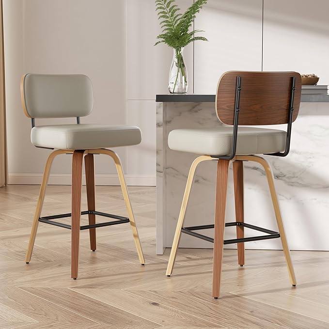 Swivel Bar Stools Set of 2, 26" Upholstered Faux Leather Counter Height Barstools with Walnut Back & Bentwood Legs, Mid Century Modern Bar Chairs Island Stools for Kitchen Counter, Beige Grey