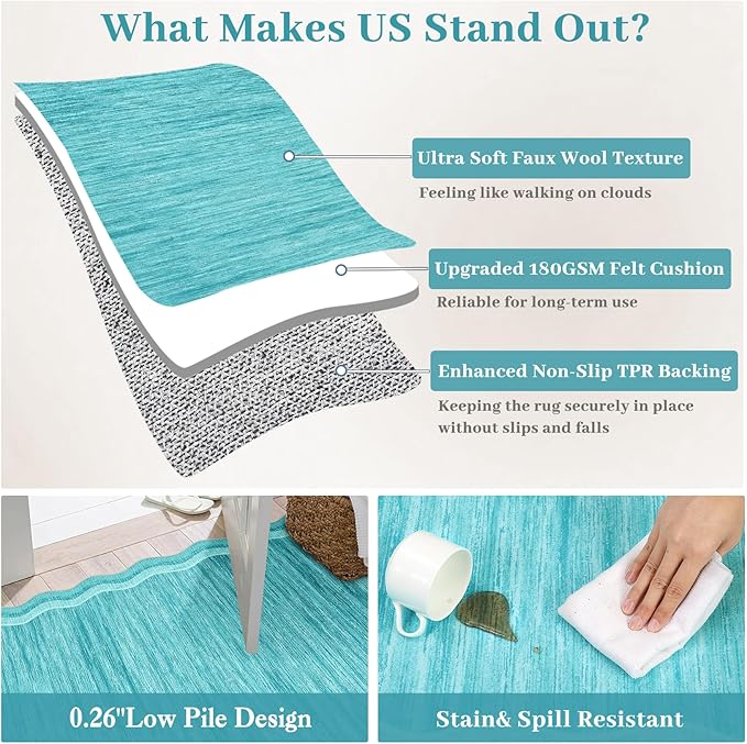 Garvee Scalloped 10x13 Area Rugs for Living Room Large Washable Rugs,Neutral Solid Rug Stain Resistant Non Slip Floor Mat Carpet Indoor Accent Rug for Bedroom Dining Room Playroom Home Decor,Teal