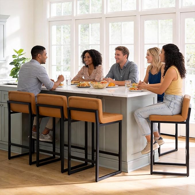 FIRAVOE Bar Height Stools Set of 4, PU Leather Barstools Modern Counter Stools with Back and Thickened Metal Legs, Bar Chairs for Kitchen Island (Caramel Brown, 4Pcs 26" Counter Stools)