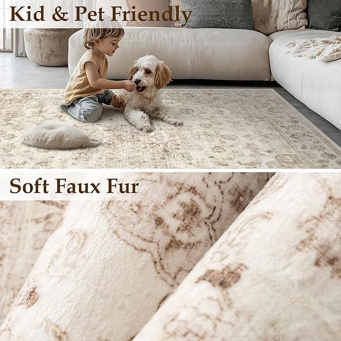 9x12 Neutral Area Rug Beige Vintage Living Room Bedroom Washable Carpet Non-Slip Soft Medium Pile Floral Indoor Large Throw Rug for Dining Room Office