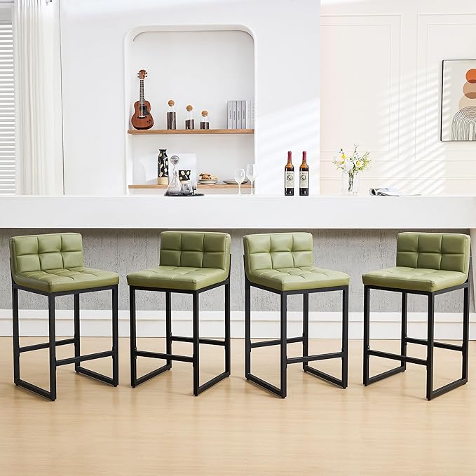 FIRAVOE Counter Height Bar Stools Set of 4, Modern Counter Stools with Back and Thickened Metal Legs, Armless Bar Chairs for Kitchen Island (Avocado Green, 4Pcs 26" Counter Stools)