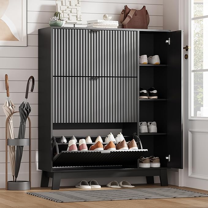 Shoe Cabinet Storage for Entryway with 3 Flip Drawers & Side Cabinet, Fluted Narrow Shoe Organizer with Wooden Leg, Freestanding Shoe Storage Hidden Shoe Rack Organizer for Front Door Entrance, Black