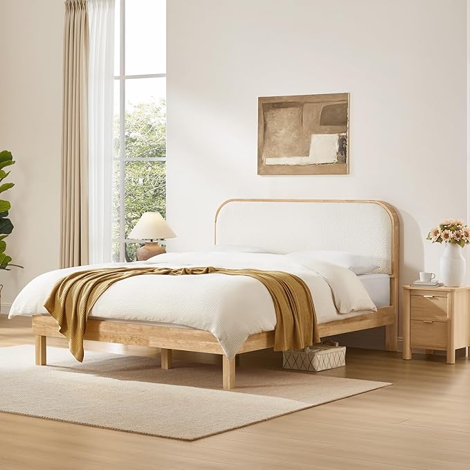 KISLOT Wood Bed Frame with Upholstered Headboard, Mid-Century Boucle Fabric Platform Modern Bed Mattress Foundation Noise-Free No Box Spring Needed Easy Assembly