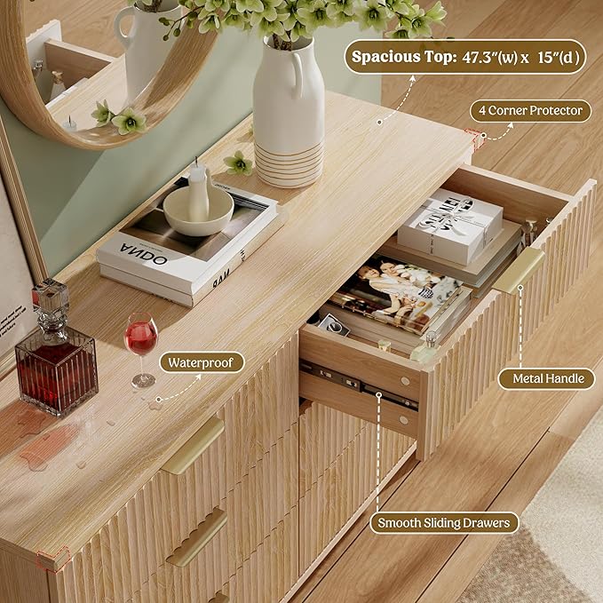 Lulive Modern Dresser and Nightstand Sets 3-Piece, 6-Drawer Dresser + 2 Nightstands Bedroom Sets with Solid Wood Legs (Natural Oak)