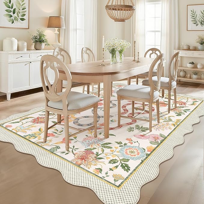 Garvee 10x13 Area Rugs for Living Room Non Slip Botanical Snake Rugs for Bedroom, Boho Scalloped Indoor Stain-Resistant Dining Room Rug for Under Table Carpet for Home Office Playroom Farmhouse,Beige