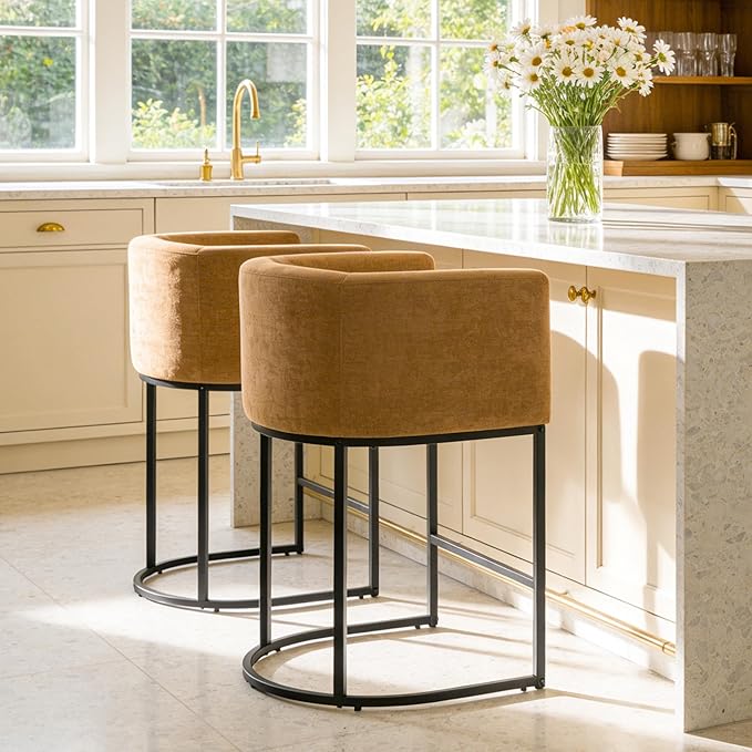 ClinQ 26" H Counter Height Bar Stools Set of 1, Modern Barrel Counter Stools with Backrest and Arms, Black Metal Frames, Chenille Fabric Upholstered Accent Barstools for Kitchen Island, Yellow