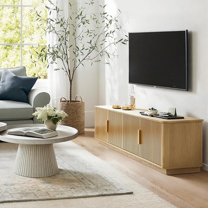 win2win 71" TV Stand for 80 Inch TV, Modern Fluted Entertainment Center with Faux Marble Top, Curved Corners, Boho Minimalist Media Console with Storage for Living Room Bedroom, Oak